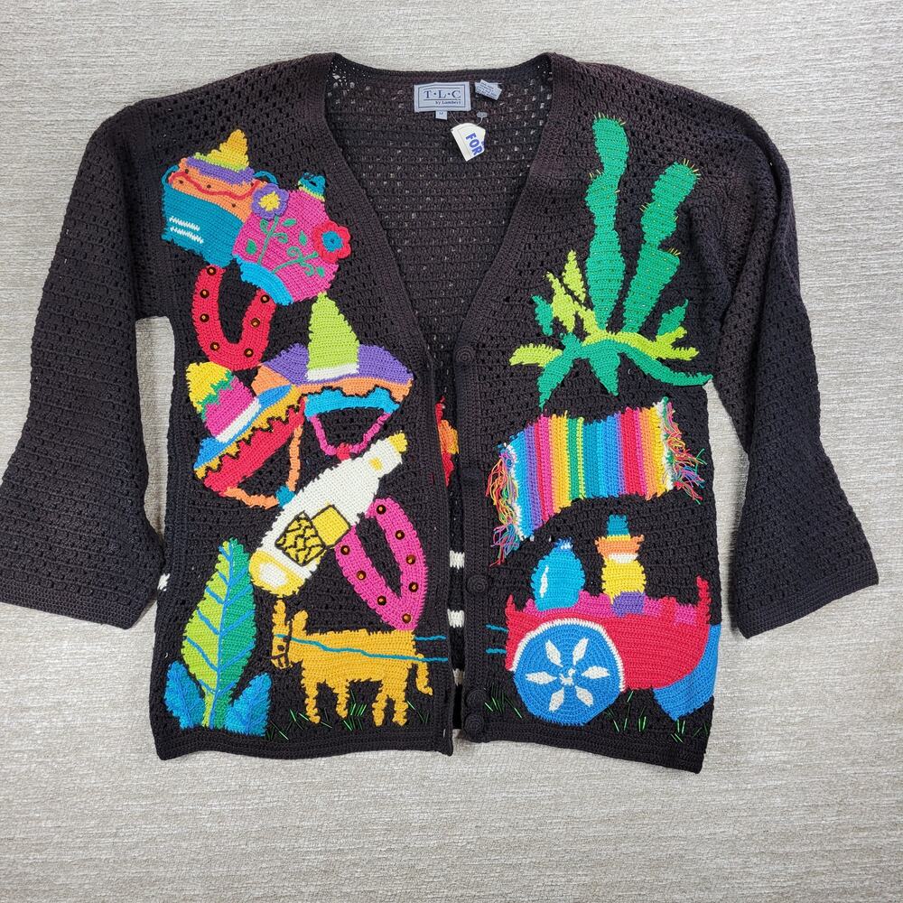 Vintage TLC by Lambert Mexican Fiesta Cardigan Sweater Crochet Knit NWT Size M